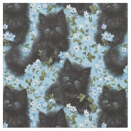Fluffy Black Kittens & Flowers Naadloos Patroon Stof