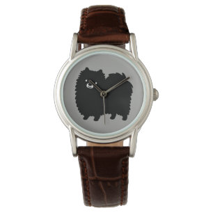 Fluffy Black Pomeranian   Cute Cartoon Dog Horloge