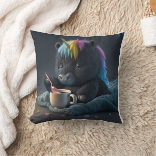 Fluffy black Unicorn pillow Kussen