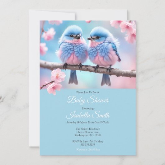 Fluffy Bluebirds en Cherry Blossom Baby shower Kaart (Voorkant)
