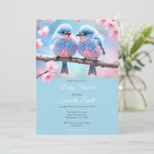 Fluffy Bluebirds en Cherry Blossom Baby shower Kaart (Staand voorkant)