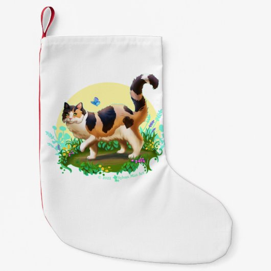 Fluffy Calico Cat met Butterfly Kleine Kerstsok (Voorkant)