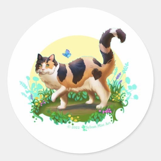 Fluffy Calico Cat met Butterfly Ronde Sticker (Voorkant)