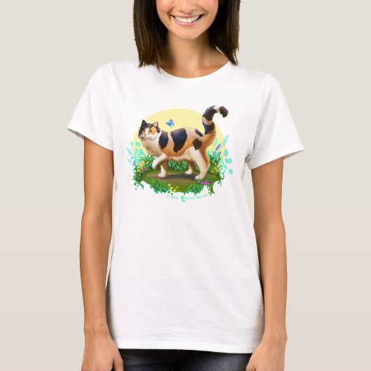 Fluffy Calico Cat met Butterfly T-shirt (Voorkant)