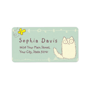 Fluffy Cat and Yellow Butterfly Aangepaste tekst Etiket