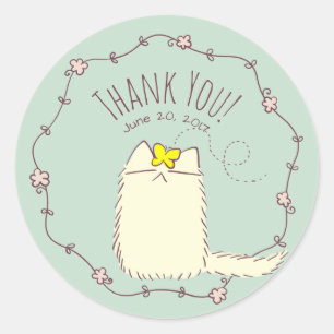 Fluffy Cat and Yellow Butterfly Aangepaste tekst Ronde Sticker
