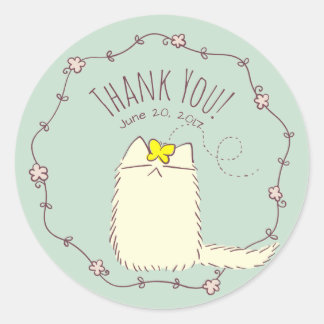 Fluffy Cat and Yellow Butterfly Aangepaste tekst Ronde Sticker