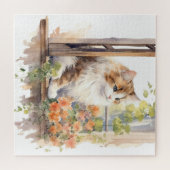 Fluffy Cat Boerderij Raam Sinaasappel Bloemen Schi Legpuzzel (Horizontaal)