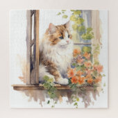 Fluffy Cat Boerderij Raam Sinaasappel Bloemen Schi Legpuzzel (Verticaal)