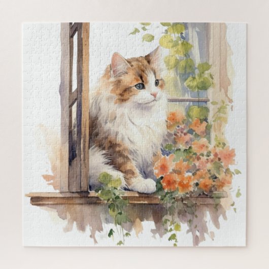 Fluffy Cat Boerderij Raam Sinaasappel Bloemen Schi Legpuzzel (Verticaal)