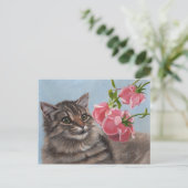 Fluffy Cat en 3 roze Rozen Briefkaart (Staand voorkant)