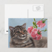 Fluffy Cat en 3 roze Rozen Briefkaart (Voorkant / Achterkant)