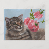 Fluffy Cat en 3 roze Rozen Briefkaart (Voorkant)