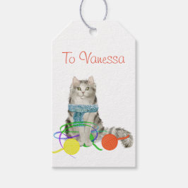 Fluffy Cat met Label met garen en scarf Gift Cadeaulabel