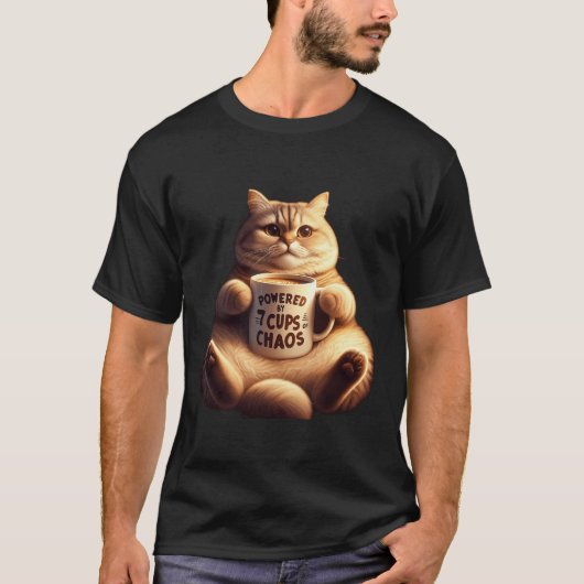 Fluffy Cat Powered By 7 Cups of Chaos T-shirt (Voorkant)