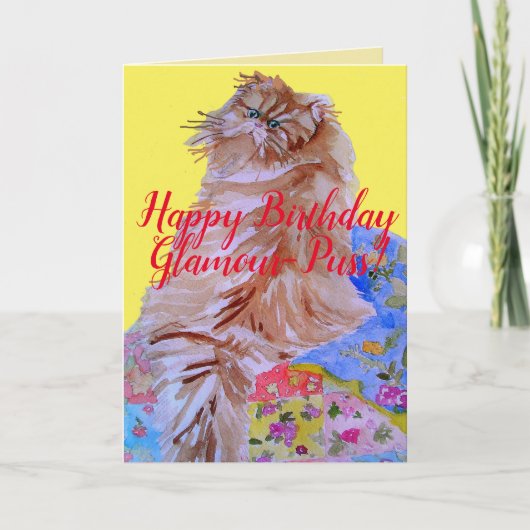 Fluffy Cat Quilt Glamour-Puss Happy Birthday Kaart (Voorkant)