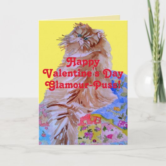 Fluffy Cat & Quilt Glamour-Puss Valentijnsdag Kaart (Voorkant)