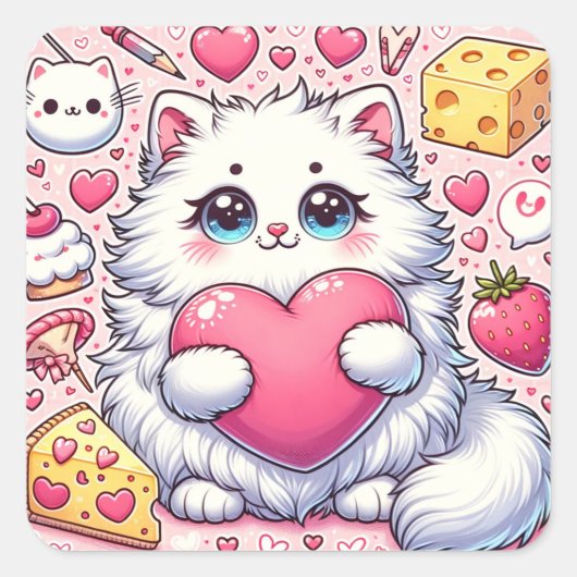 Fluffy Cat's Valentijn Hart Omhelzen Vierkante Sticker (Voorkant)