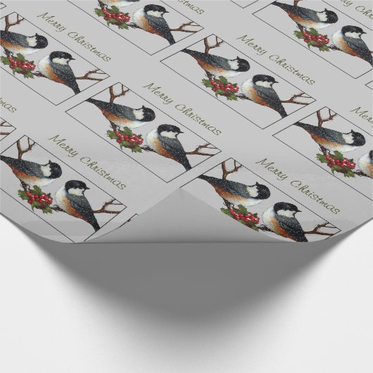 Fluffy Chickadees met Holly: Oorspronkelijke illus Cadeaupapier (Hoek)