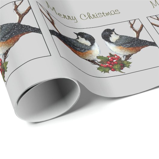 Fluffy Chickadees met Holly: Oorspronkelijke illus Cadeaupapier (Rol Hoek)