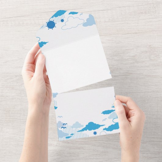 Fluffy Cloud Sunny Blue Sky Patroon All In One Uitnodiging (Afscheurbaar)