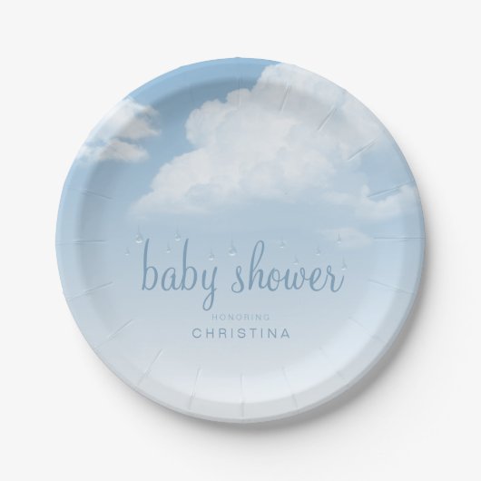 Fluffy Clouds Raindrops Baby shower Papieren Bordje (Voorkant)