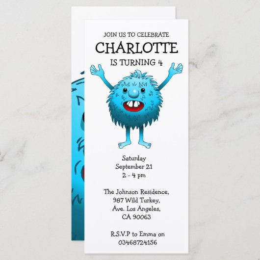 Fluffy Cute Monster Birthday Invitation (Voorkant / Achterkant)