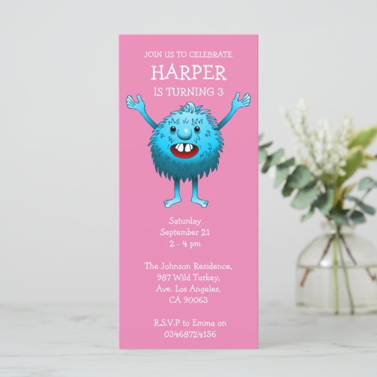 Fluffy Cute Monster Birthday Invitation (Staand voorkant)
