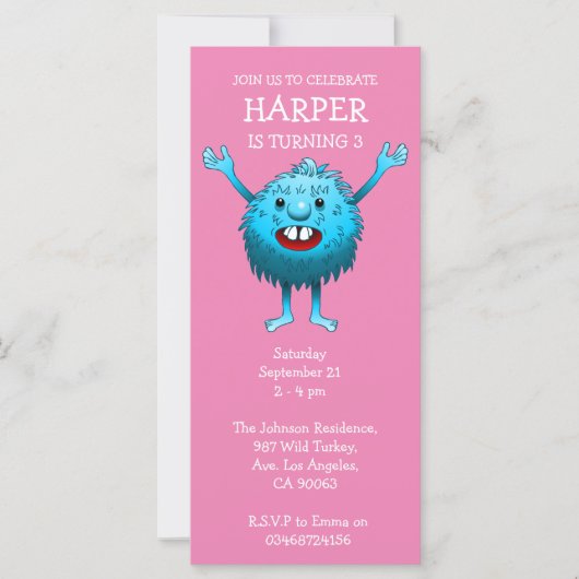Fluffy Cute Monster Birthday Invitation (Voorkant)