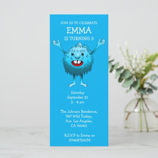 Fluffy Cute Monster Birthday Invitation (Staand voorkant)