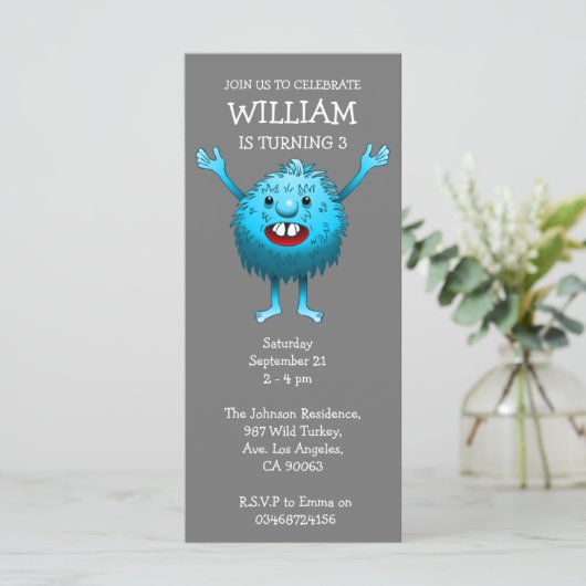 Fluffy Cute Monster Birthday Invitation (Staand voorkant)
