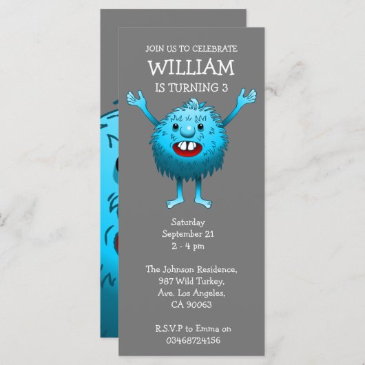 Fluffy Cute Monster Birthday Invitation (Voorkant / Achterkant)