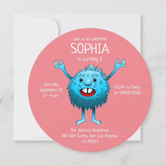 Fluffy Cute Monster Birthday Invitation Kaart (Voorkant)