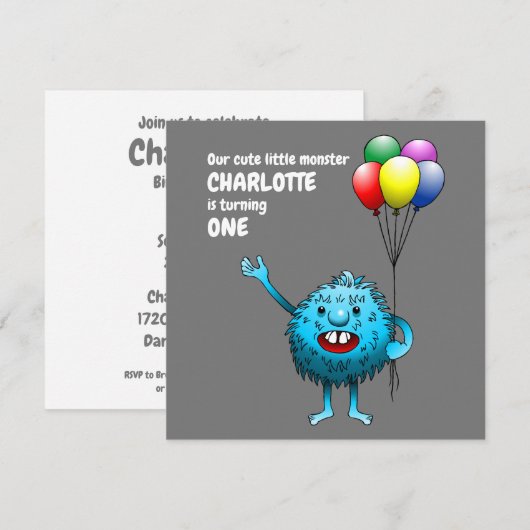 Fluffy Cute Monster Birthday Invitation Kaart (Voorkant / Achterkant)