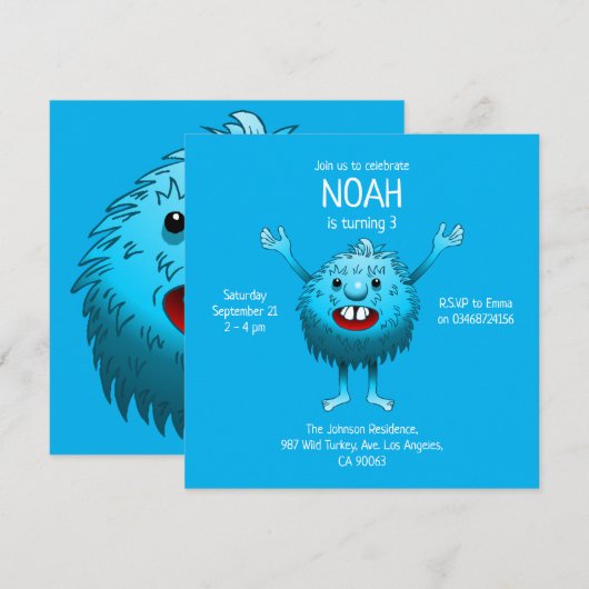 Fluffy Cute Monster-uitnodiging voor verjaardag Kaart (Voorkant / Achterkant)