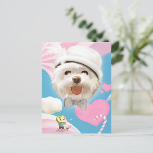 Fluffy Dog met Wit Pet Aankondigingskaart (Staand voorkant)
