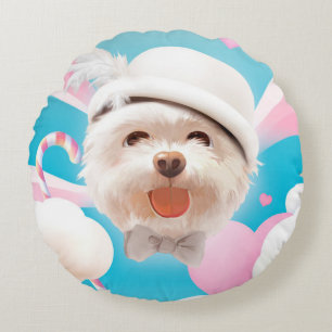 Fluffy Dog met Wit Pet Rond Kussen