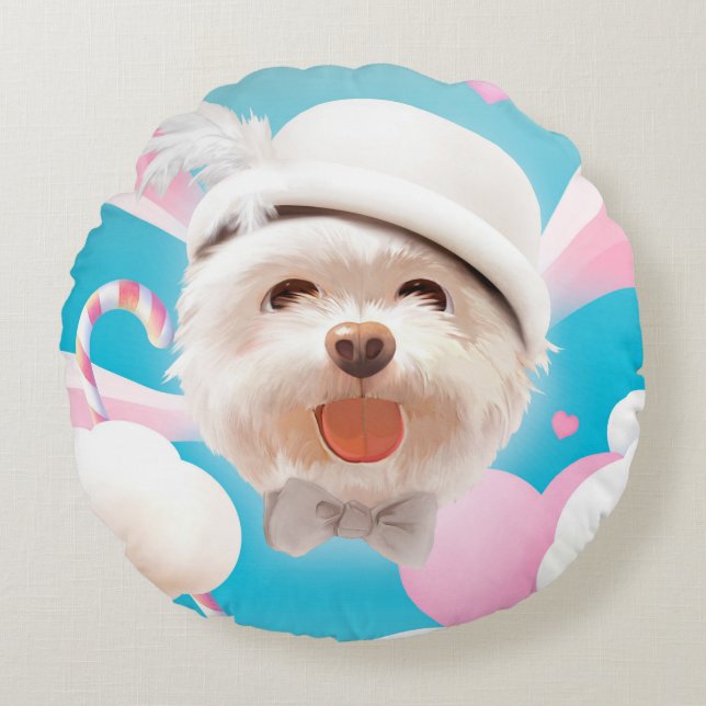 Fluffy Dog met Wit Pet Rond Kussen (Voorkant)