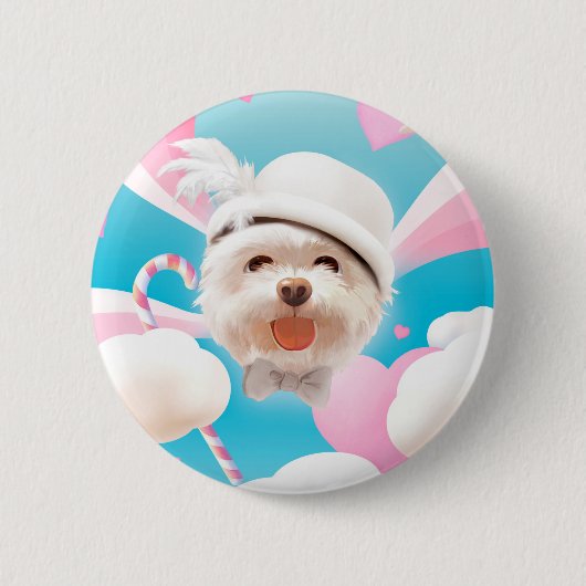 Fluffy Dog met Wit Pet Ronde Button 5,7 Cm (Voorkant)