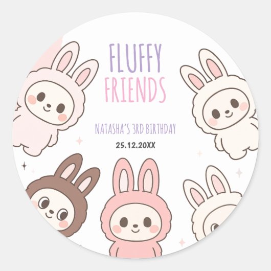 Fluffy Dolls Pastel Bunny Thema Verjaardag Ronde Sticker (Voorkant)