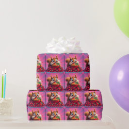 Fluffy eekhoorn “Gek van aardbeien”, grappig Cadeaupapier
