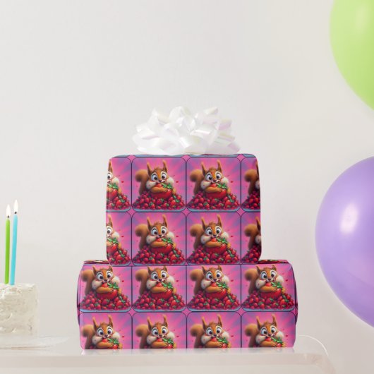 Fluffy eekhoorn “Gek van aardbeien”, grappig Cadeaupapier (Feestgeschenken)