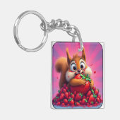 Fluffy eekhoorn “Gek van aardbeien”, grappig Sleutelhanger (Voorkant Links)