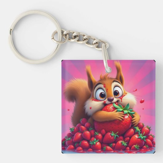 Fluffy eekhoorn “Gek van aardbeien”, grappig Sleutelhanger (Voorkant)