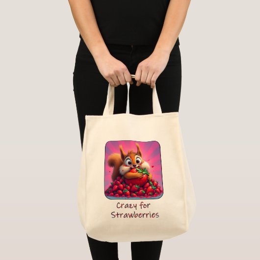 Fluffy eekhoorn “Gek van aardbeien”, grappig Tote Bag (Voorkant (product))