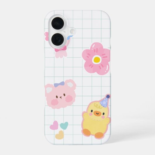 Fluffy Friends – Eend, Beer & Blooms iPhone 16 Hoesje (Achterkant)