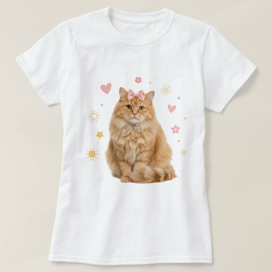 Fluffy Ginger Cat met Roze Bow T-shirt (Design voorkant)
