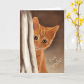 Fluffy Ginger Kitten Behind Curtain Kaart (Gele Bloem)
