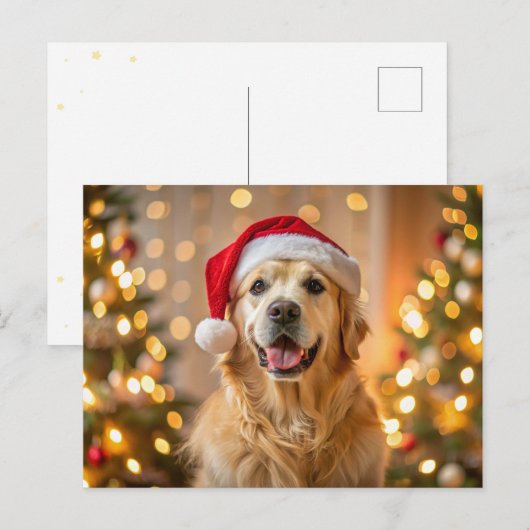 Fluffy golden retriever met een rode kerstmuts feestdagenkaart (Voorkant / Achterkant)