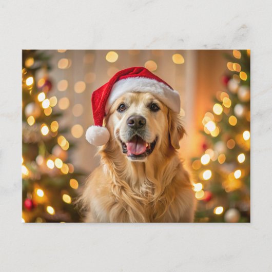 Fluffy golden retriever met een rode kerstmuts feestdagenkaart (Voorkant)